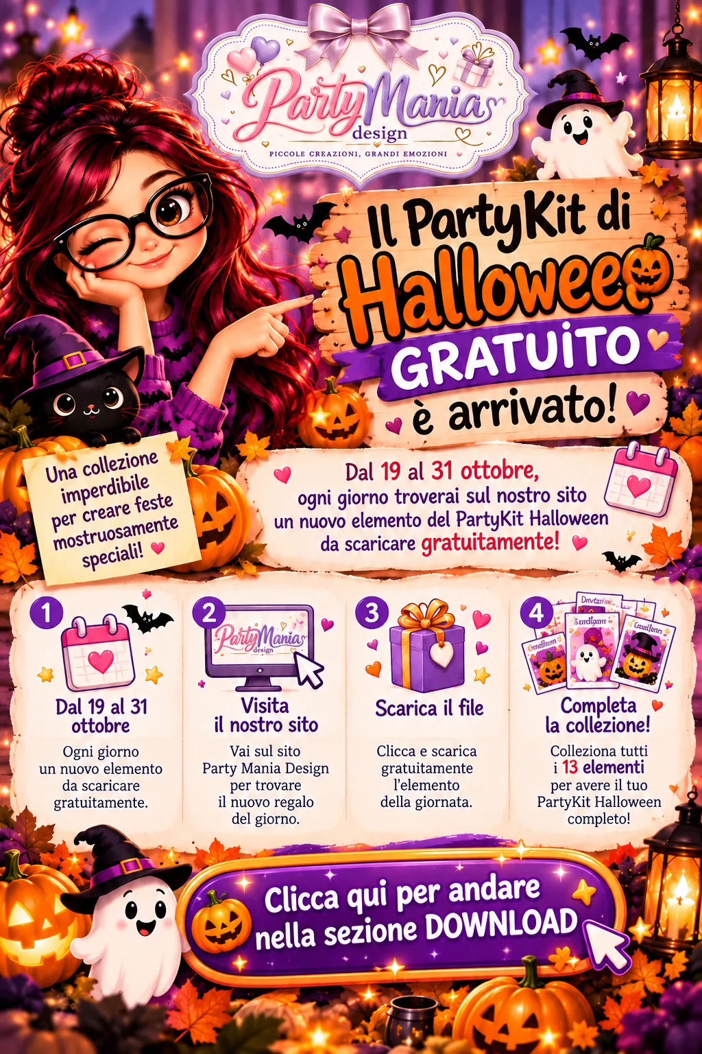 Banner di Halloween dove viene indicata la collezione gratuita del party kit di halloween dal 19 al 31 Ottobre per una festa da paura.